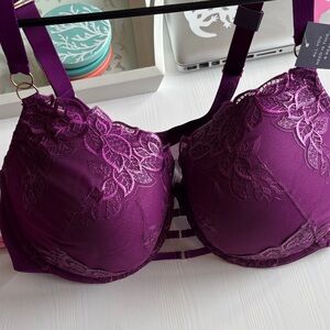 Cacique Deep Purple Lace balconette Bra and matching high waisted thong, all NWT